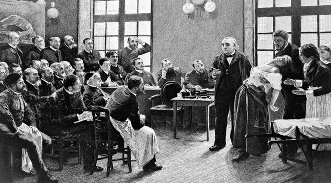 Jean-Martin Charcot demonstrating hysteria in a patient in 1887, from The Institute of Sexology.